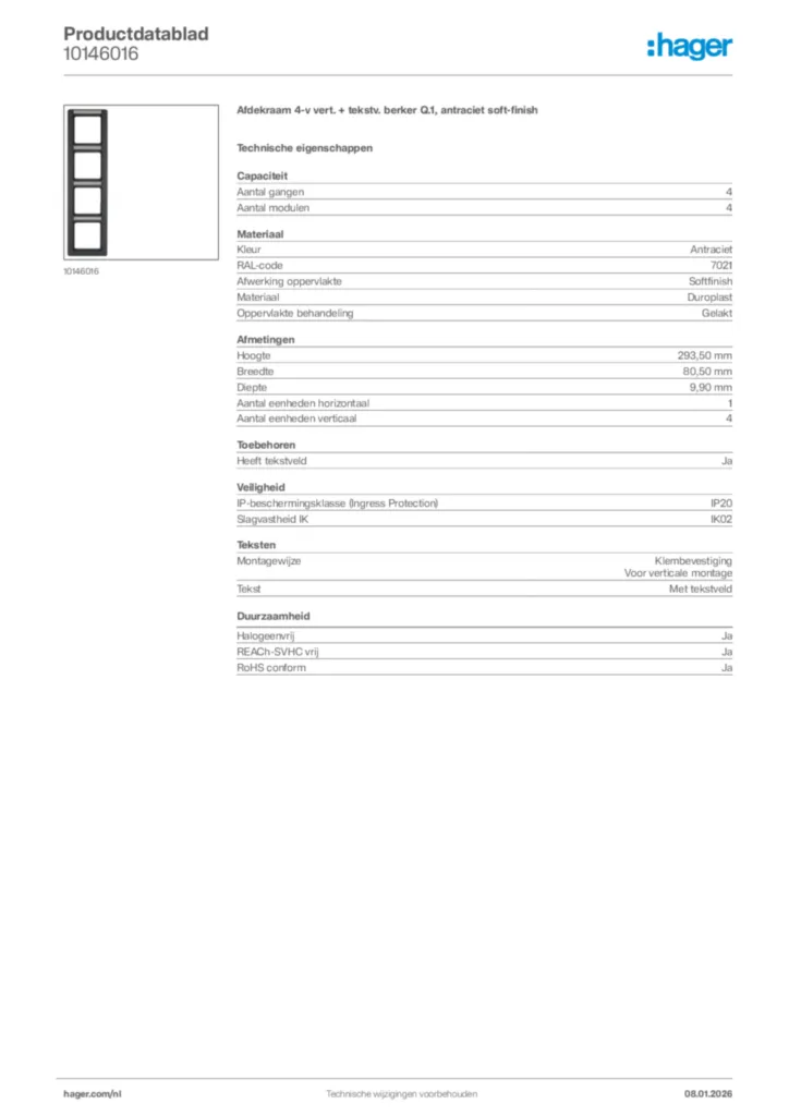Afbeelding Hager Productdatablad 10146016 | Hager Nederland