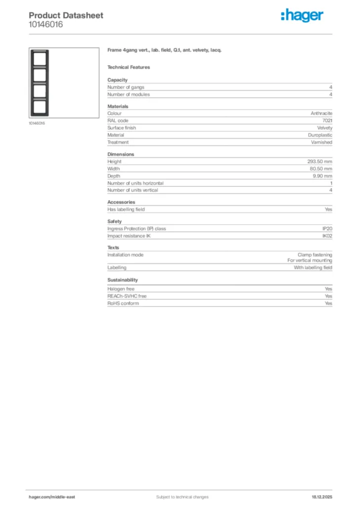 Image Hager Product data sheet 10146016  | Hager