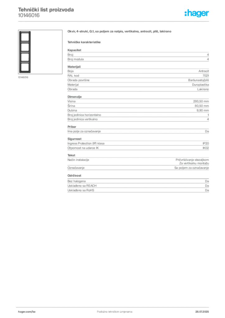 Slika Hager Product data sheet 10146016  | Hager