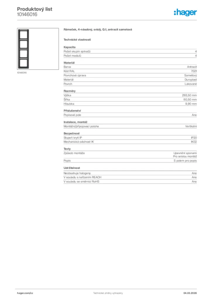 Obrázek Hager Product data sheet 10146016 | Hager