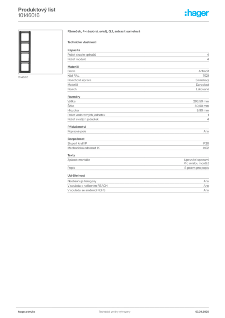 Obrázek Hager Produktový list 10146016 | Hager