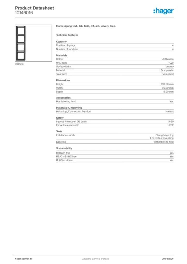 Image Hager Product data sheet 10146016  | Hager