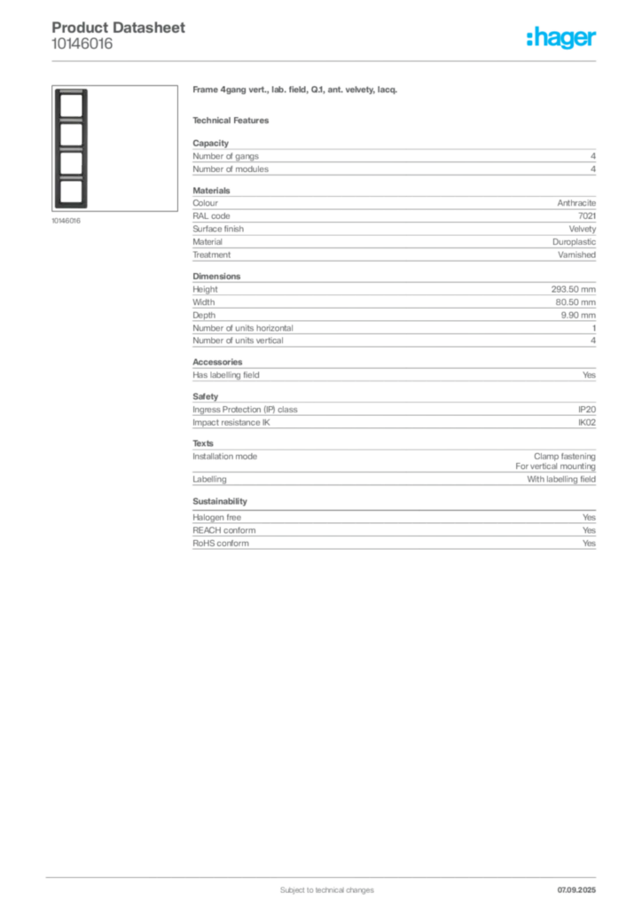 Image Hager Product data sheet 10146016  | Hager
