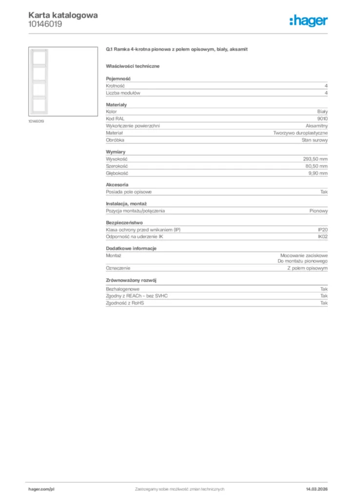 Zdjęcie Hager Karta katalogowa 10146019 | Hager Polska