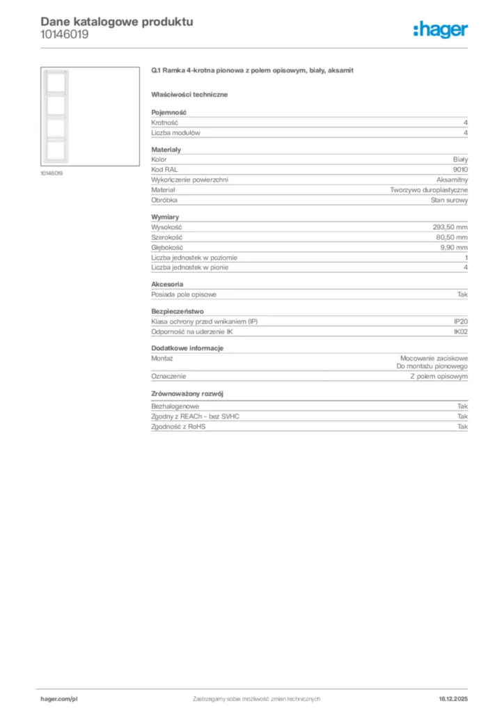 Zdjęcie Hager Karta katalogowa 10146019 | Hager Polska