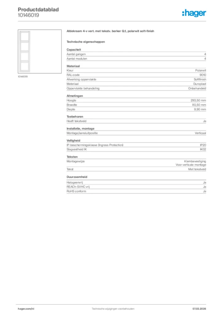 Afbeelding Hager Productdatablad 10146019 | Hager Nederland