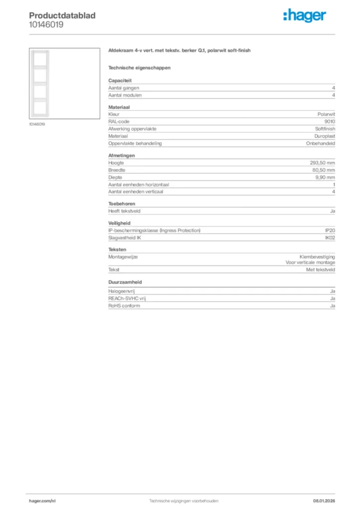 Afbeelding Hager Productdatablad 10146019 | Hager Nederland
