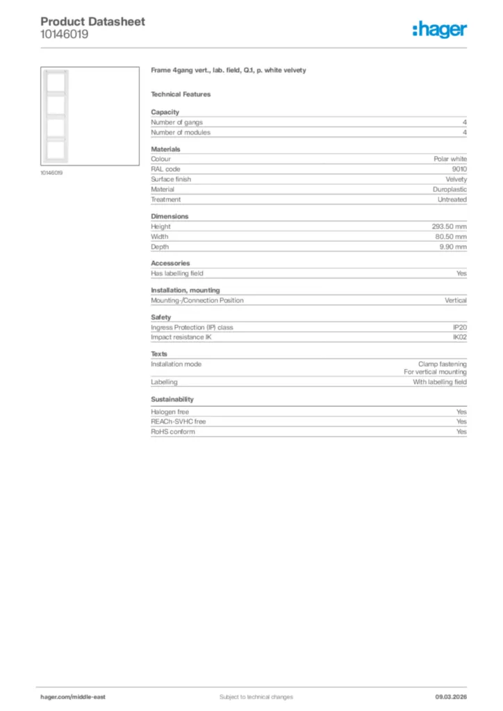 Image Hager Product data sheet 10146019  | Hager