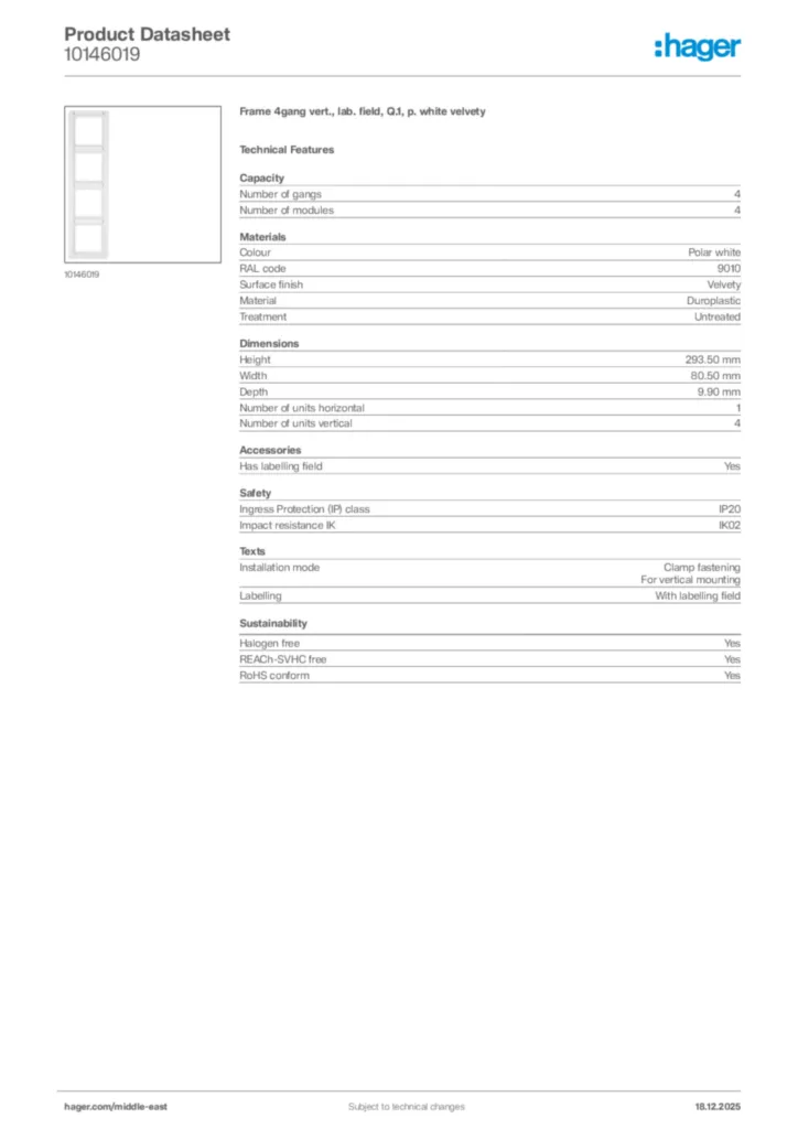 Image Hager Product data sheet 10146019  | Hager