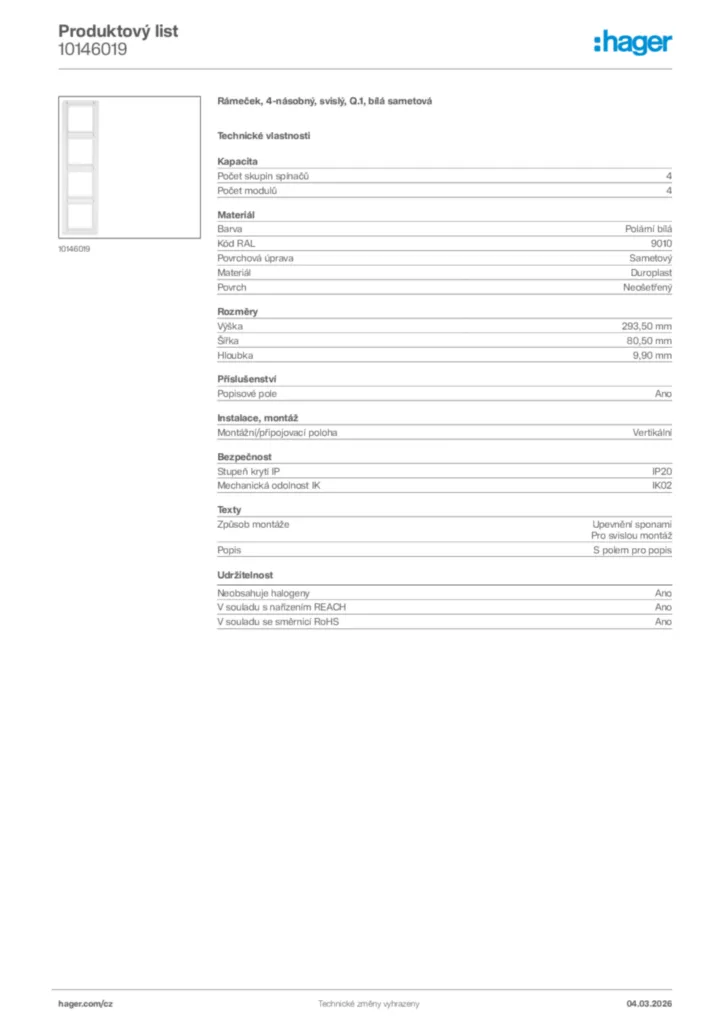 Obrázek Hager Product data sheet 10146019 | Hager