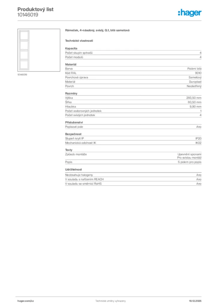 Obrázek Hager Produktový list 10146019 | Hager