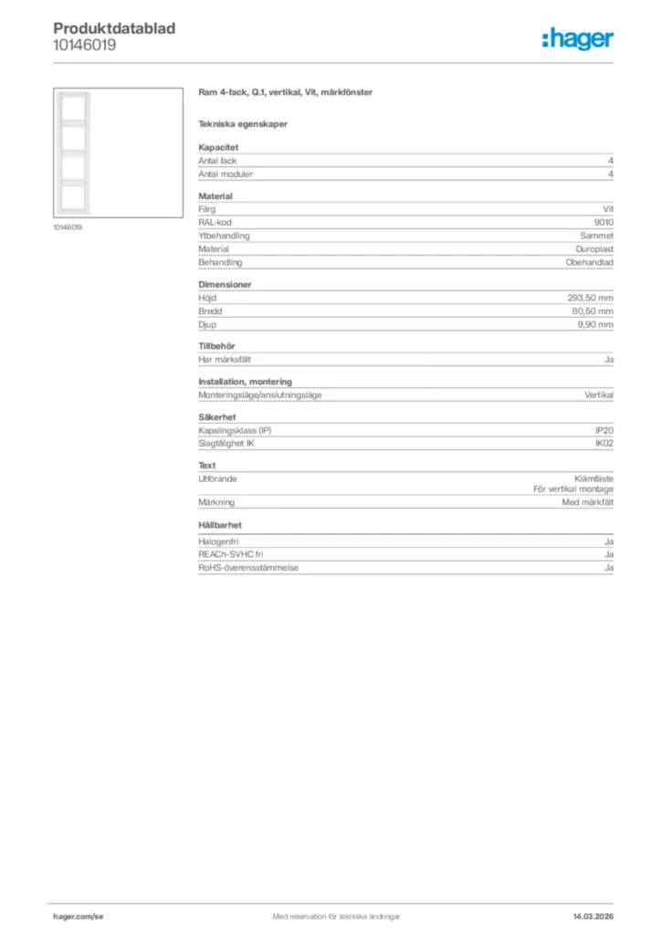 Bild Hager Produktdatablad 10146019 | Hager Sverige