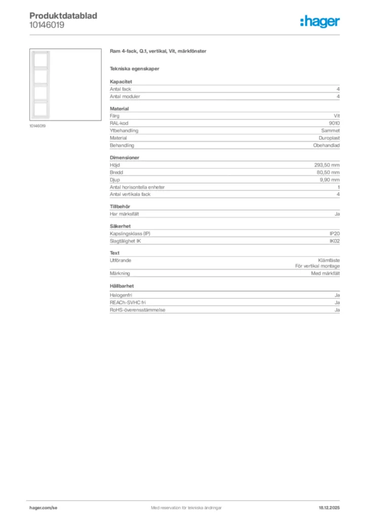 Bild Hager Produktdatablad 10146019 | Hager Sverige