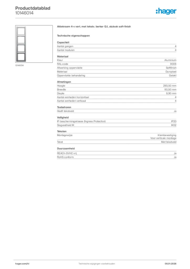 Afbeelding Hager Productdatablad 10146014 | Hager Nederland