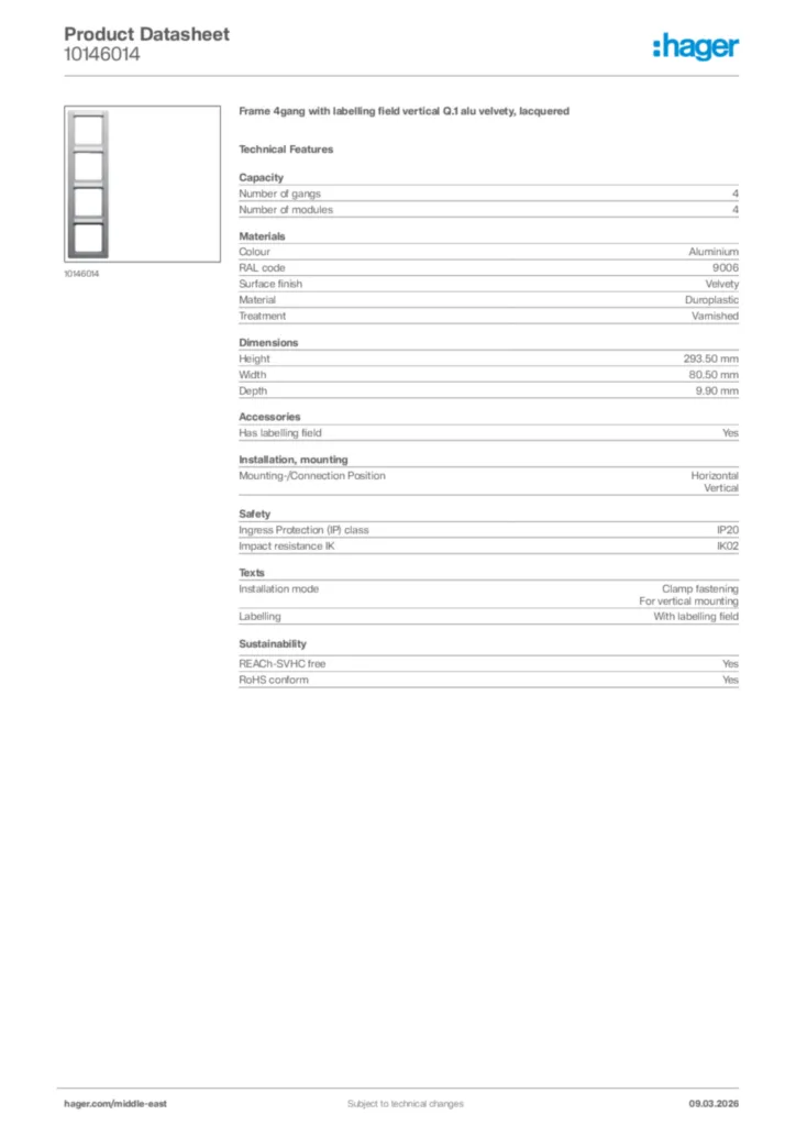 Image Hager Product data sheet 10146014  | Hager