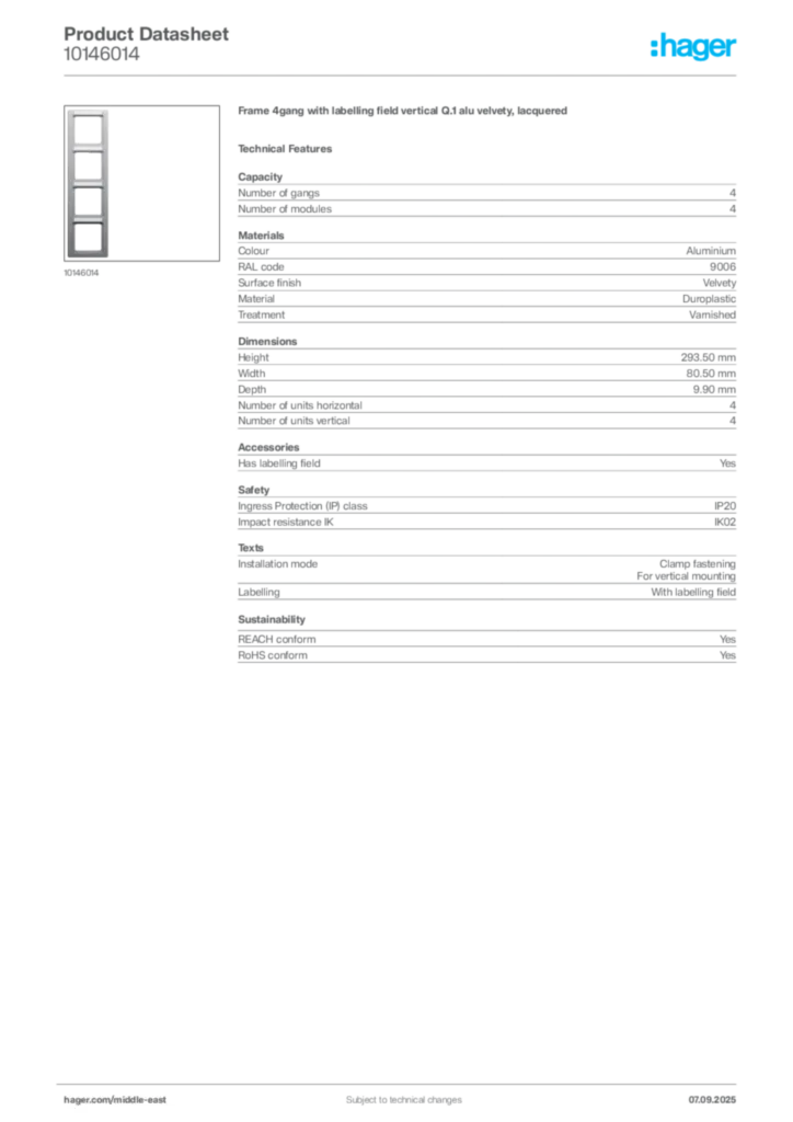 Image Hager Product data sheet 10146014  | Hager