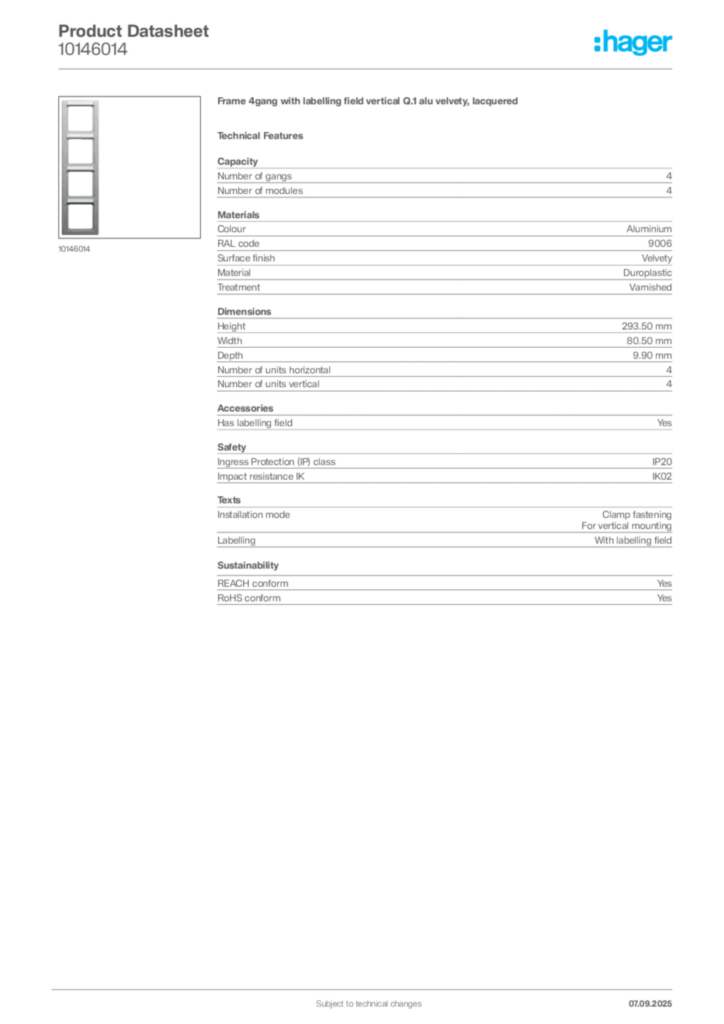 Image Hager Product data sheet 10146014  | Hager