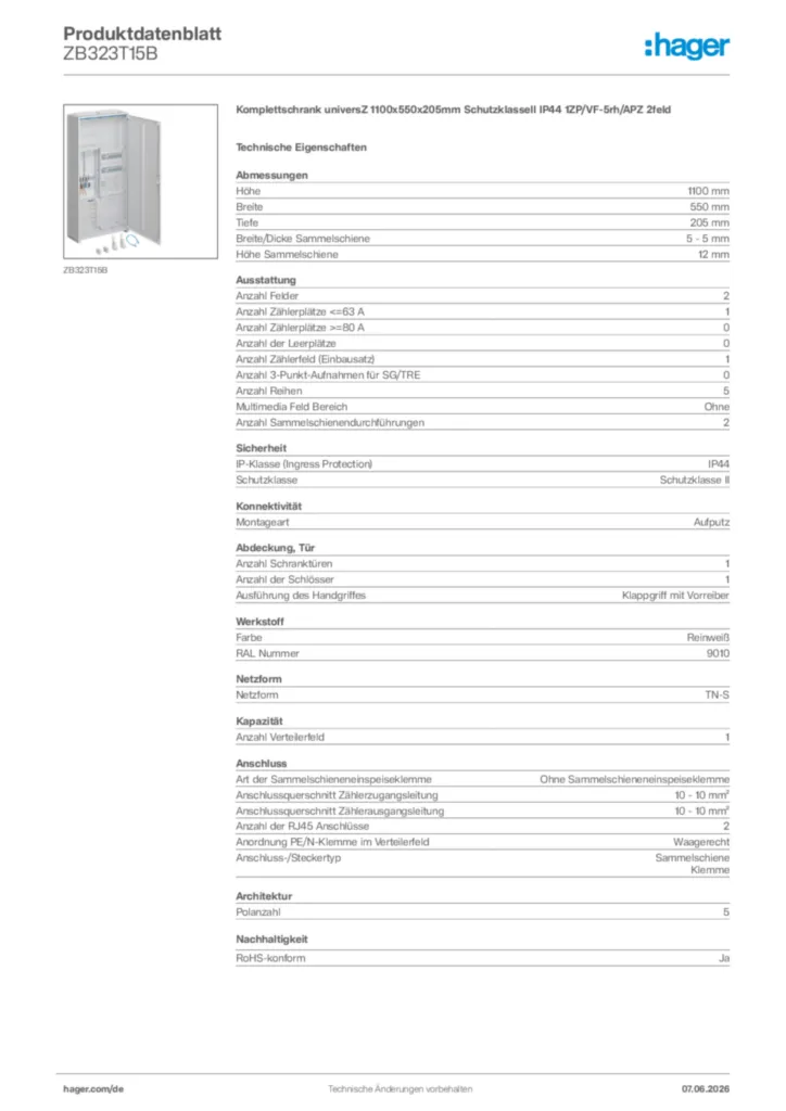Bild Hager Produktdatenblatt ZB323T15B | Hager Deutschland