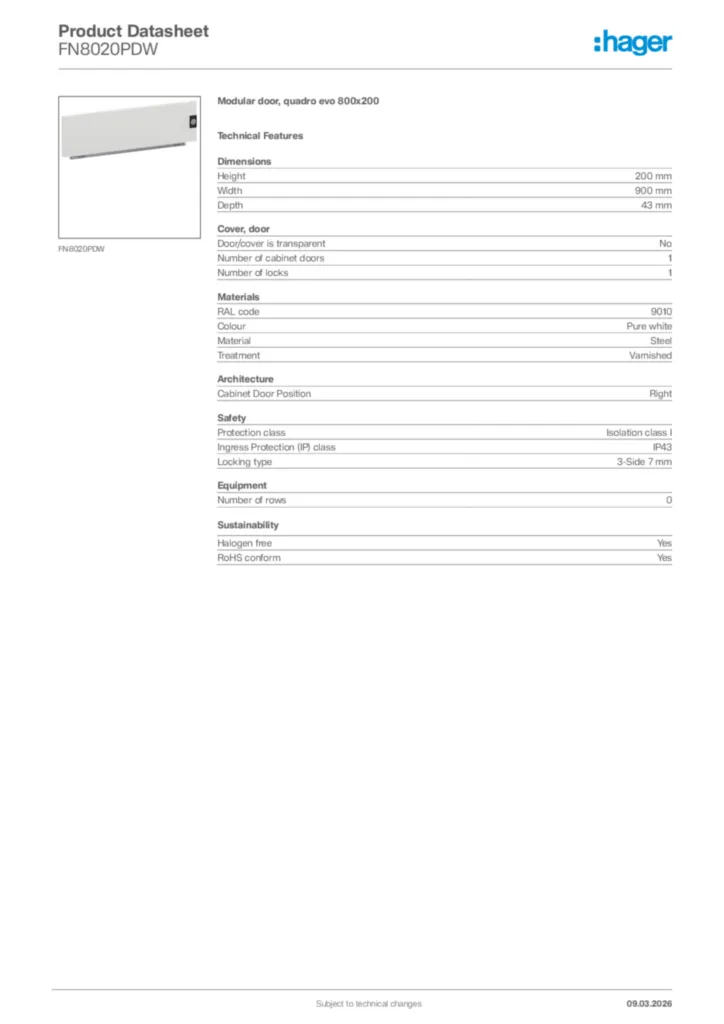 Image Hager Product data sheet FN8020PDW  | Hager Africa