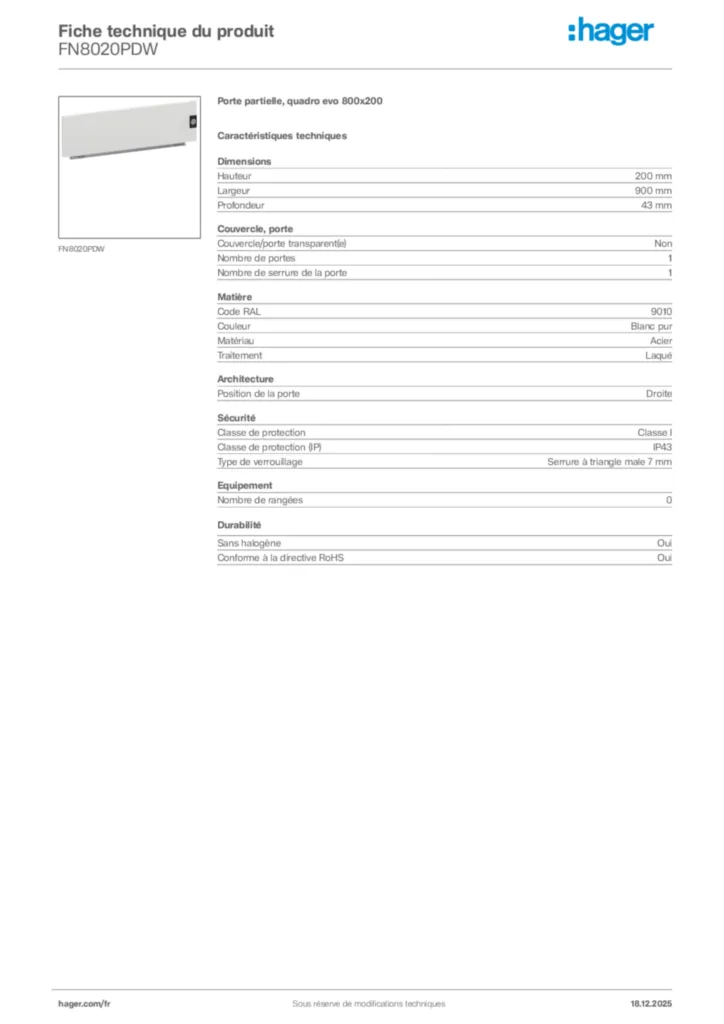 Image Hager Fiche technique du produit FN8020PDW | Hager France
