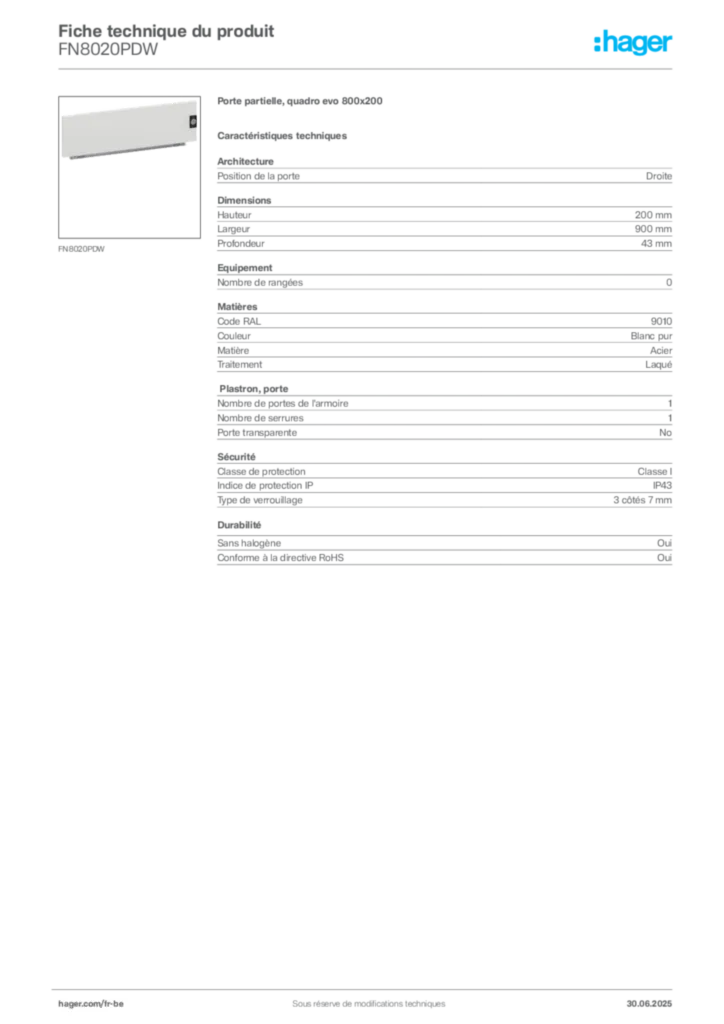 Image Hager Fiche technique du produit FN8020PDW | Hager Belgique