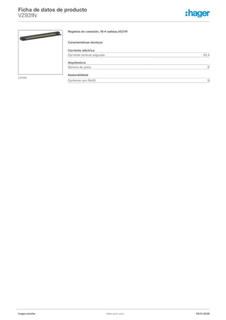 Imagen Hager Ficha de datos de producto VZ931N | Hager España