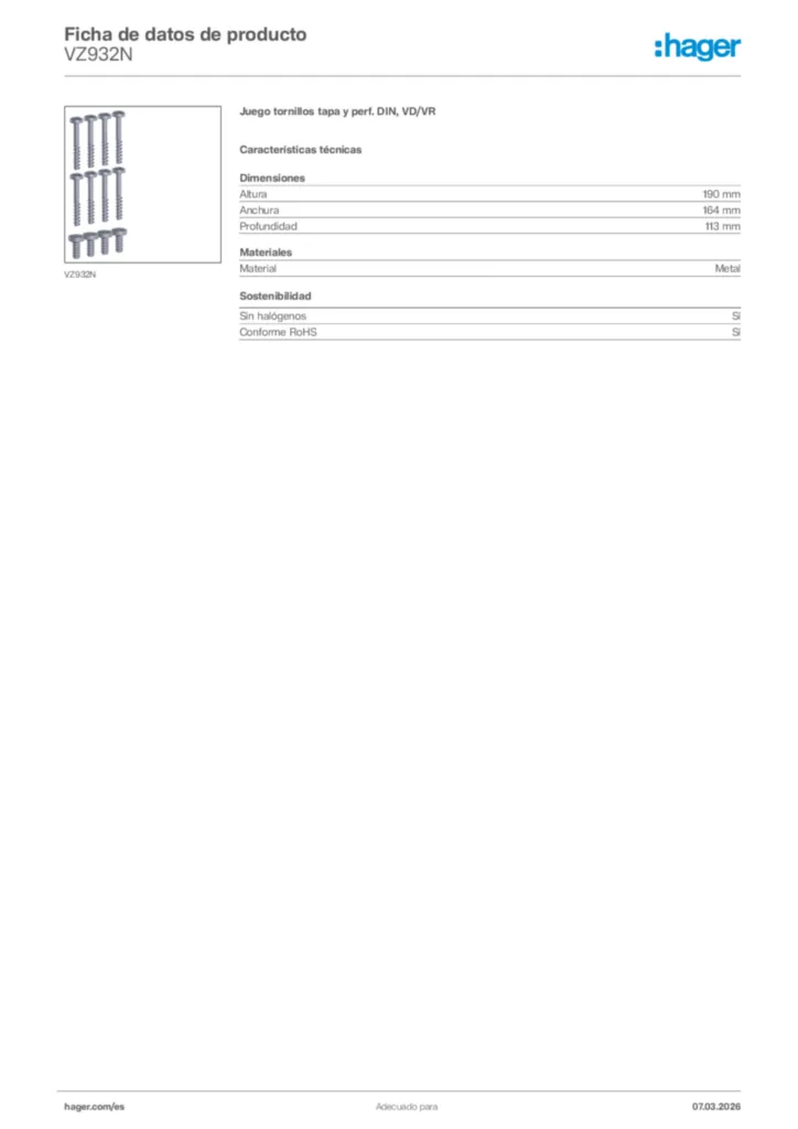 Imagen Hager Ficha de datos de producto VZ932N | Hager España