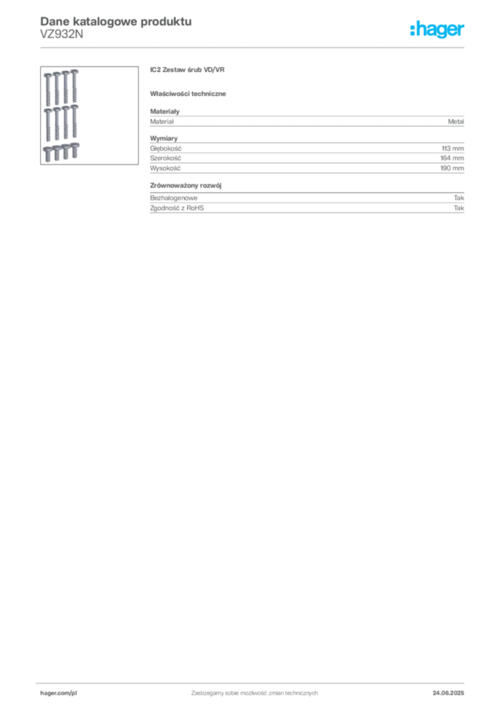 Zdjęcie Hager Karta katalogowa VZ932N | Hager Polska