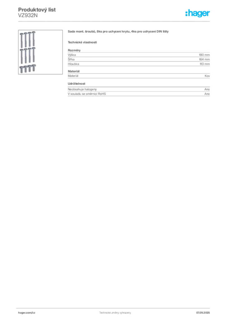 Obrázek Hager Produktový list VZ932N | Hager