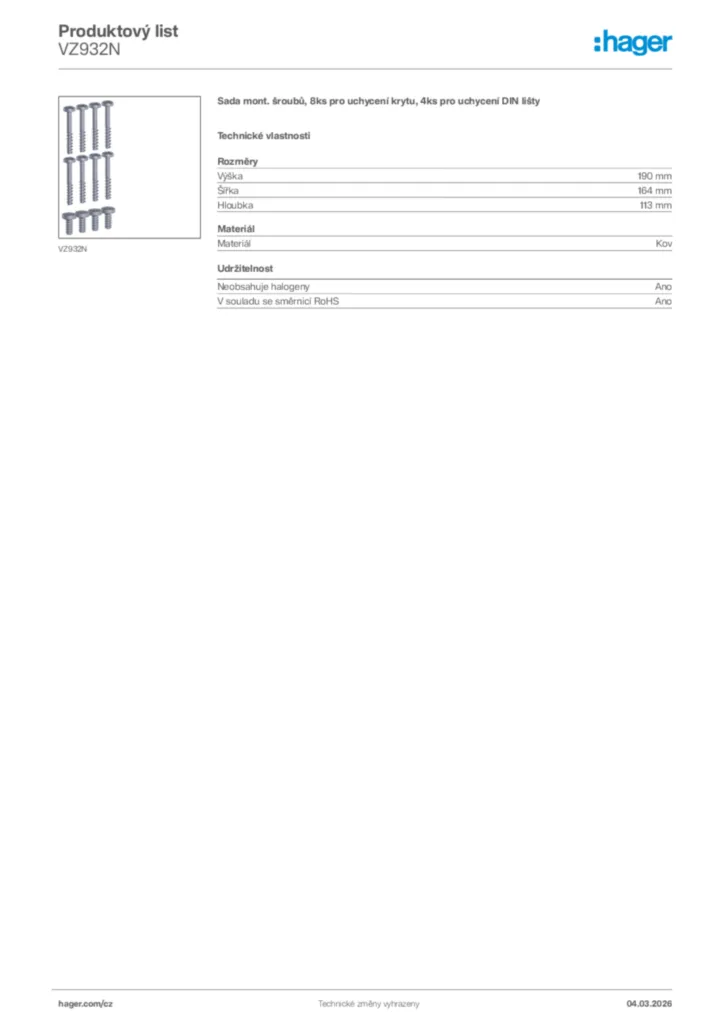 Obrázek Hager Product data sheet VZ932N | Hager