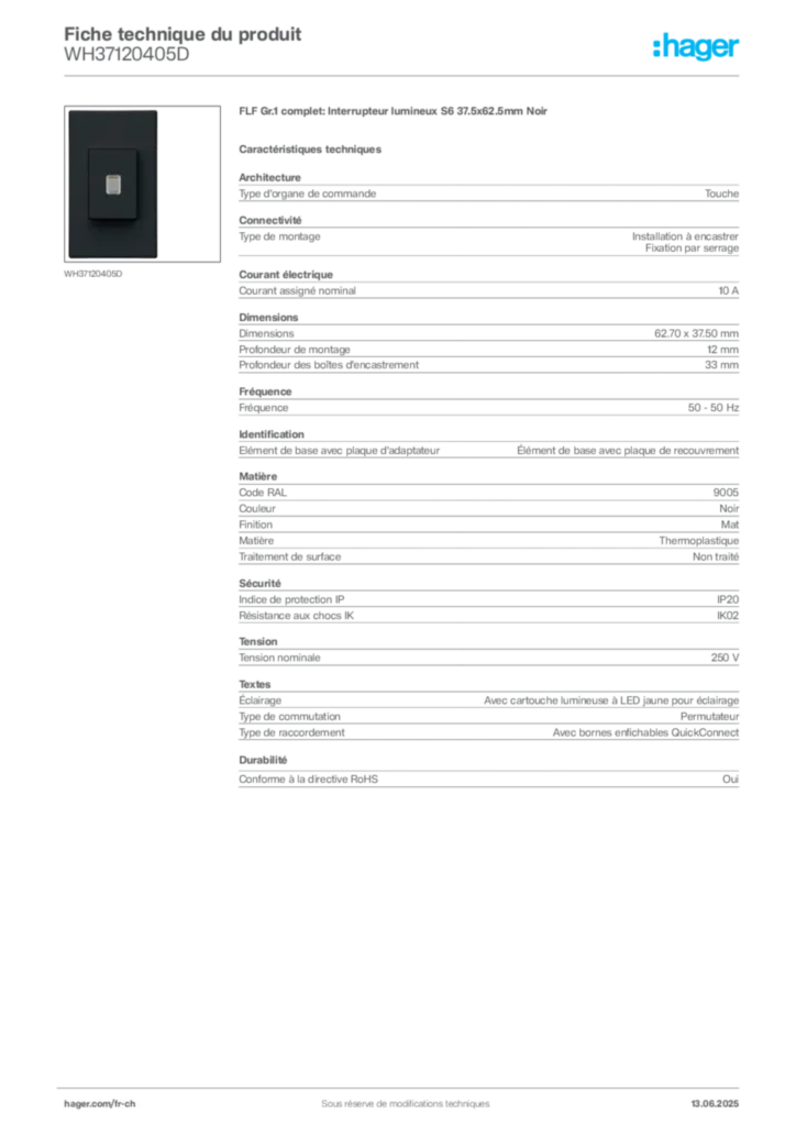 Image Hager Fiche technique du produit WH37120405D | Hager Suisse