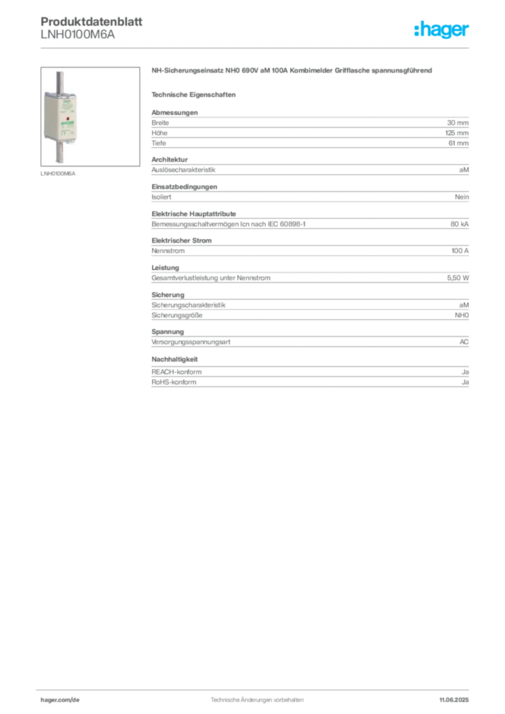 Hager Produktdatenblatt LNH0100M6A
