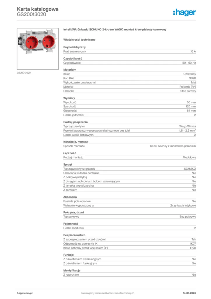 Zdjęcie Hager Karta katalogowa GS20013020 | Hager Polska