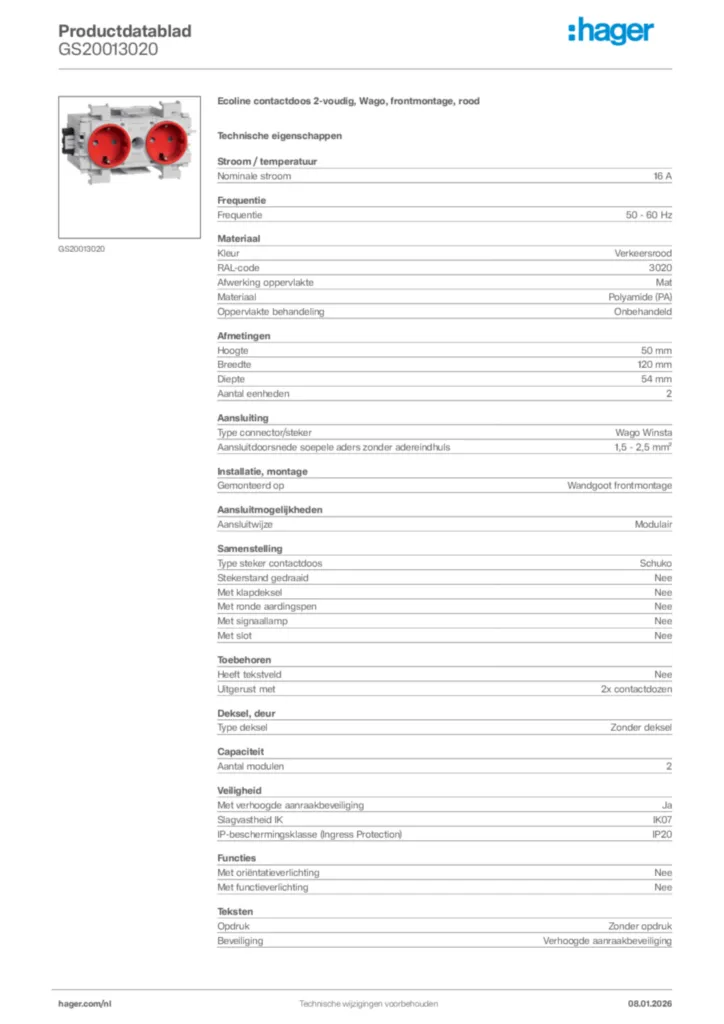 Afbeelding Hager Productdatablad GS20013020 | Hager Nederland