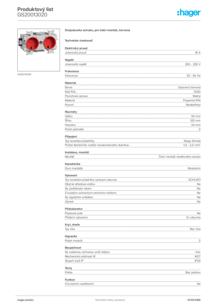 Obrázek Hager Produktový list GS20013020 | Hager