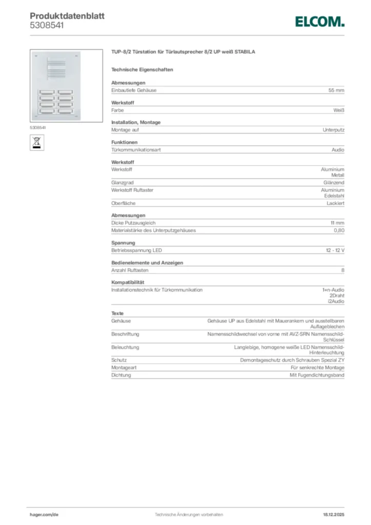 Bild Elcom Produktdatenblatt 5308541 | Hager Deutschland