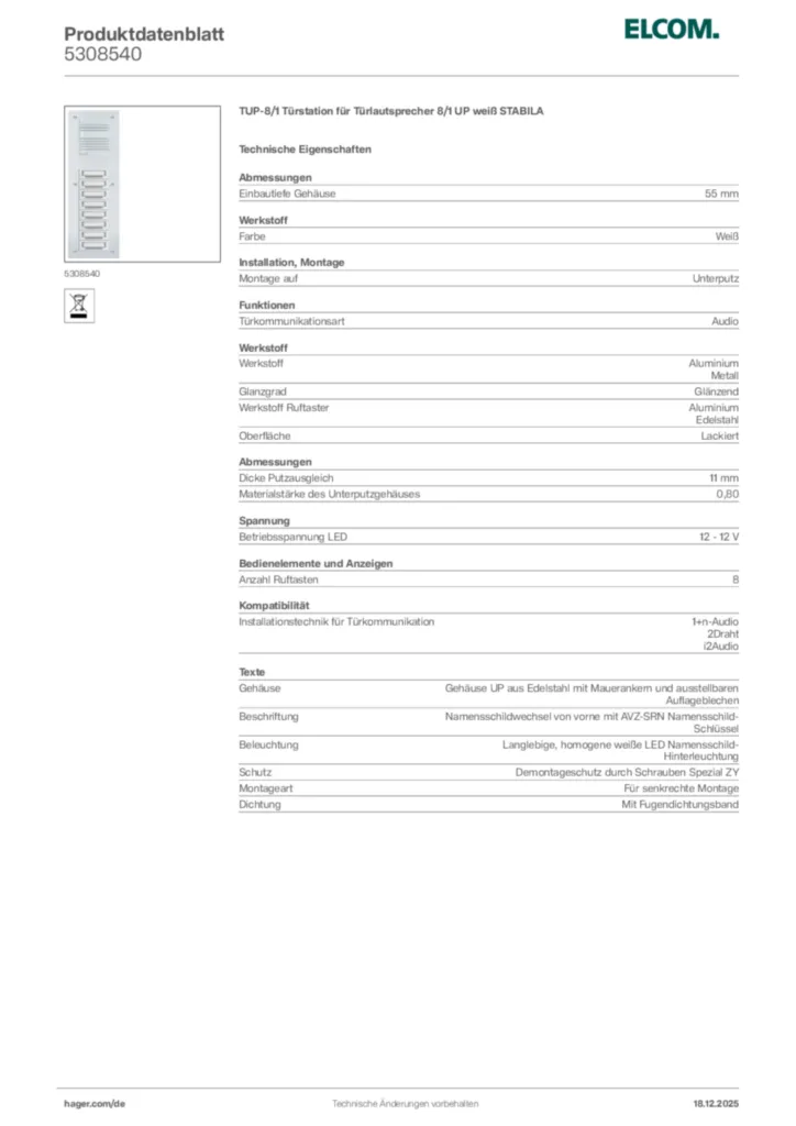 Bild Elcom Produktdatenblatt 5308540 | Hager Deutschland