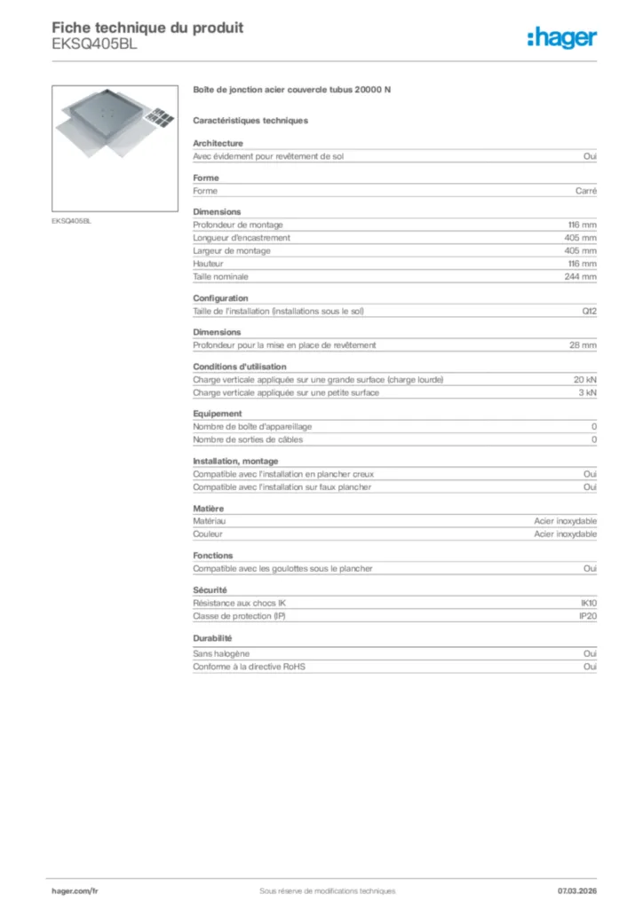 Image Hager Fiche technique du produit EKSQ405BL | Hager France