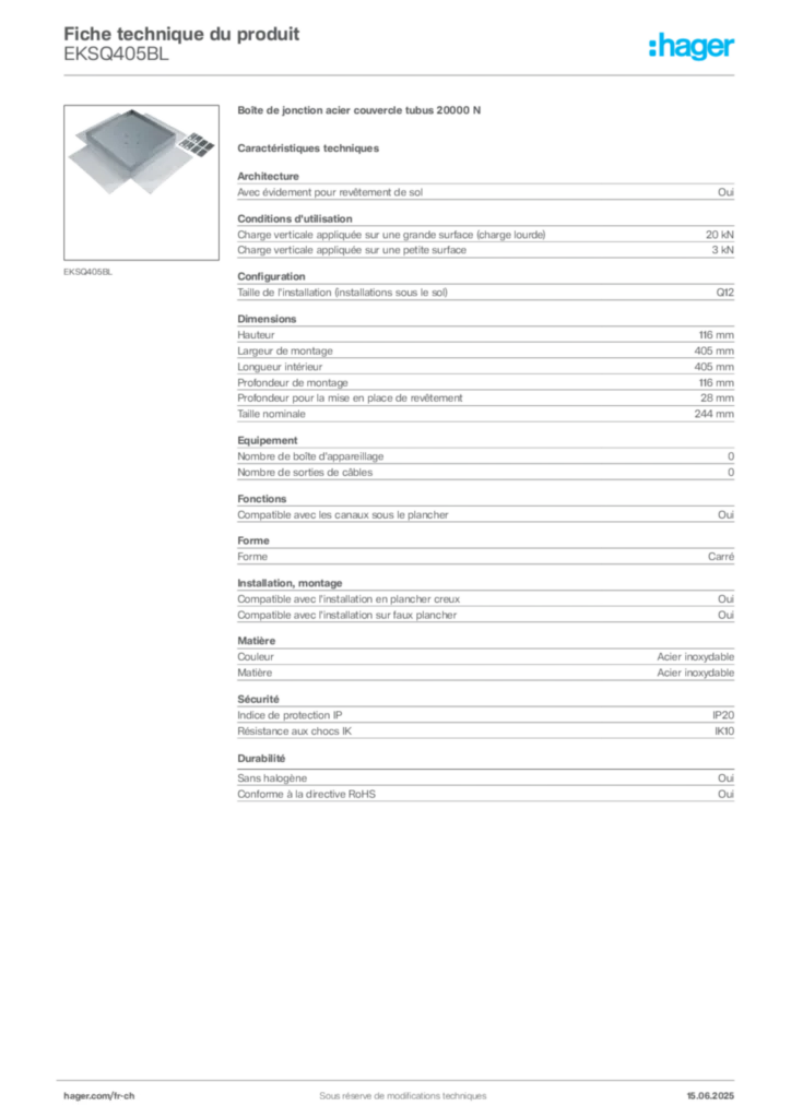 Image Hager Fiche technique du produit EKSQ405BL | Hager Suisse