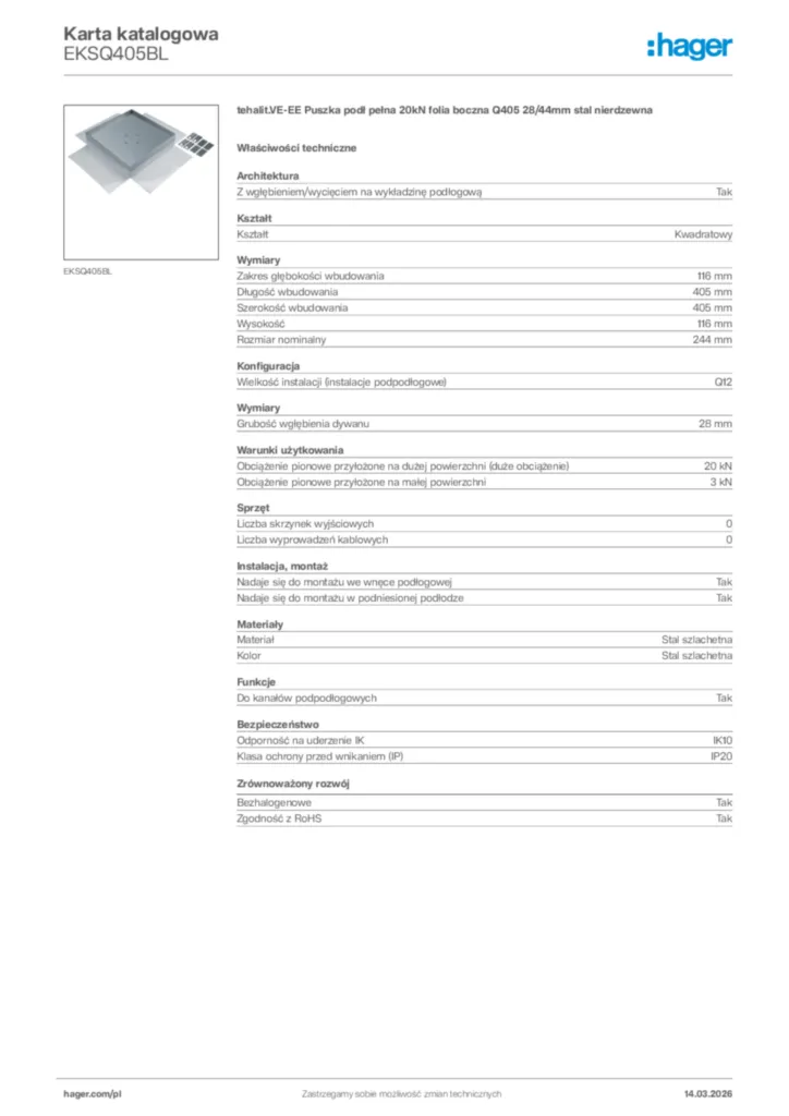 Zdjęcie Hager Karta katalogowa EKSQ405BL | Hager Polska