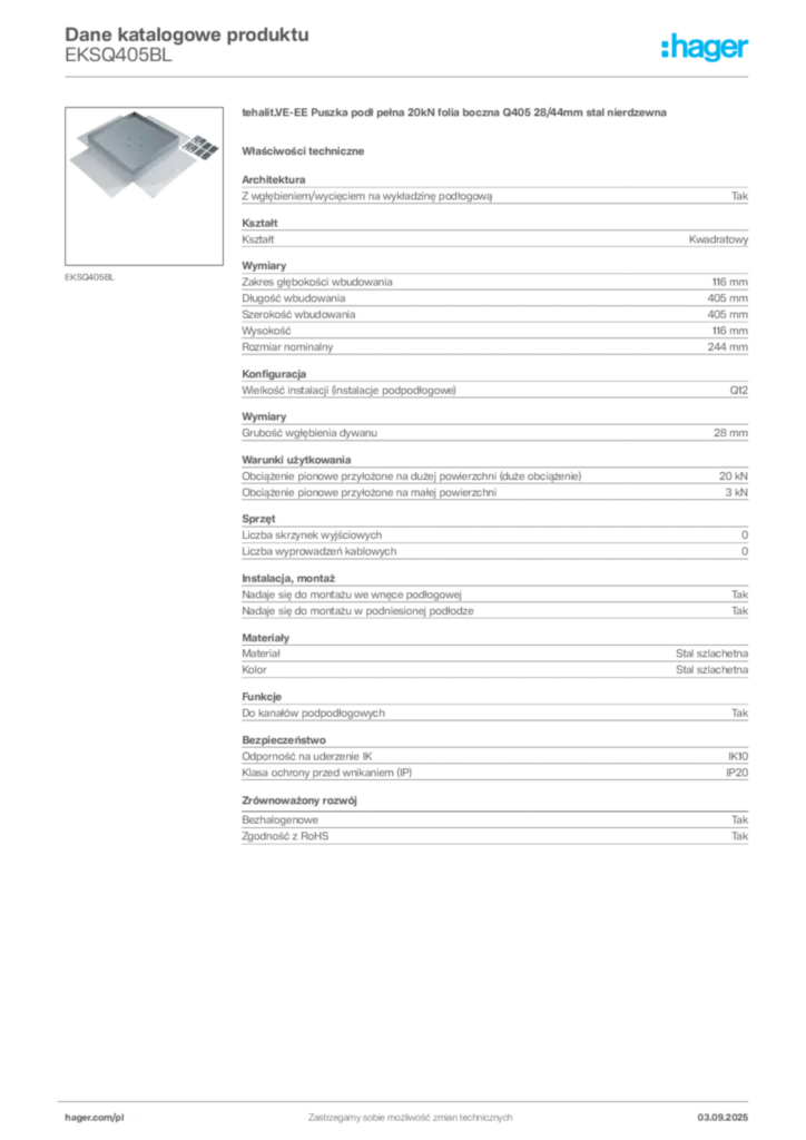Zdjęcie Hager Karta katalogowa EKSQ405BL | Hager Polska