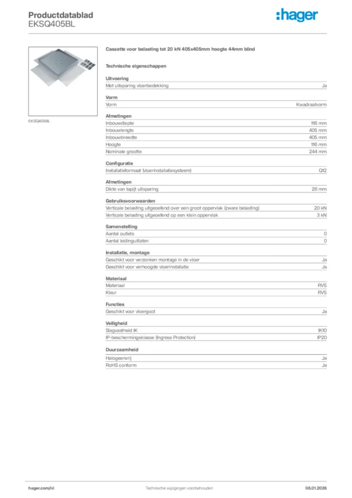 Afbeelding Hager Productdatablad EKSQ405BL | Hager Nederland