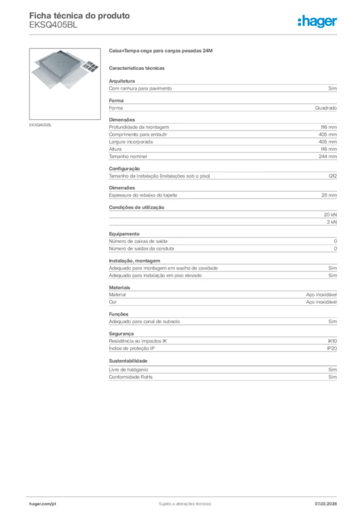 Imagem Hager Ficha técnica do produto EKSQ405BL | Hager Portugal