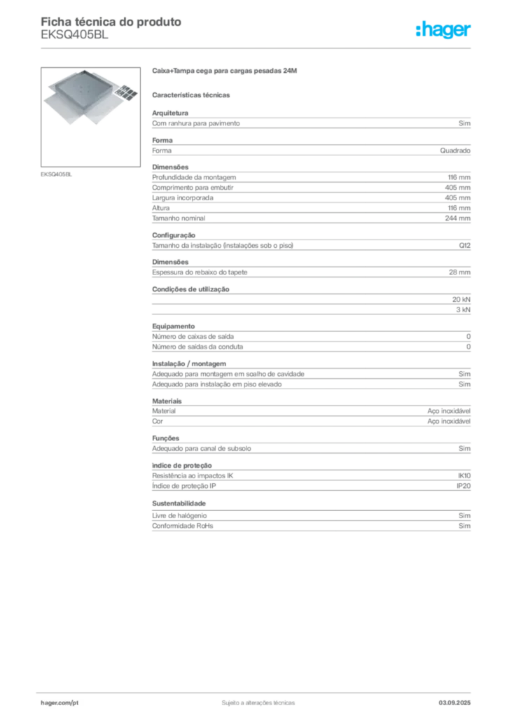 Imagem Hager Ficha técnica do produto EKSQ405BL | Hager Portugal
