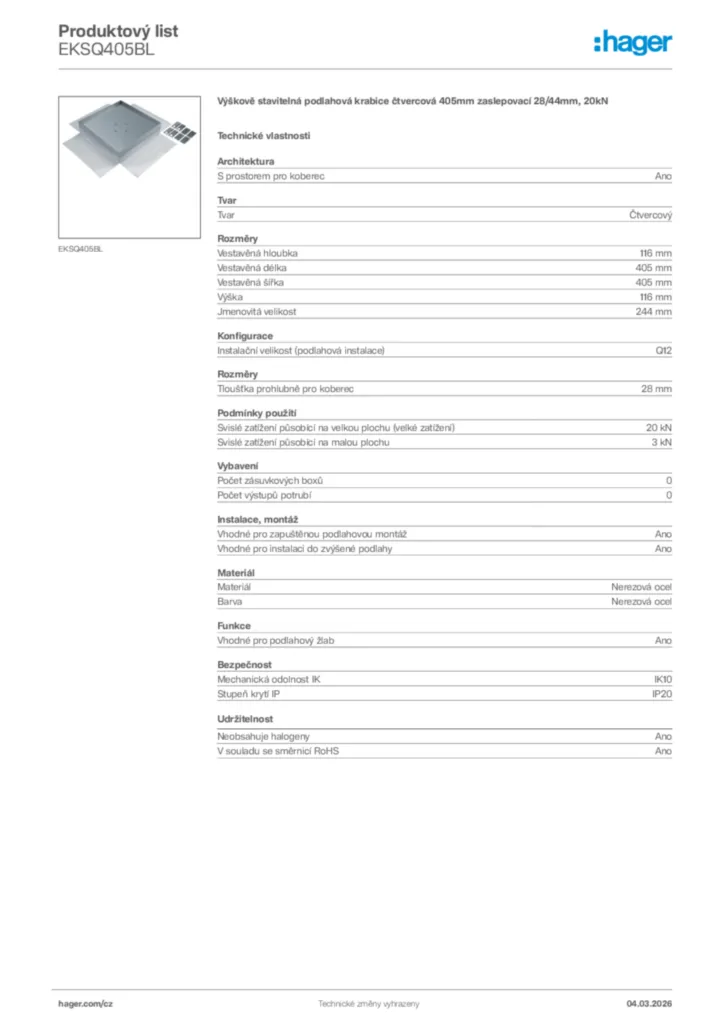 Obrázek Hager Product data sheet EKSQ405BL | Hager