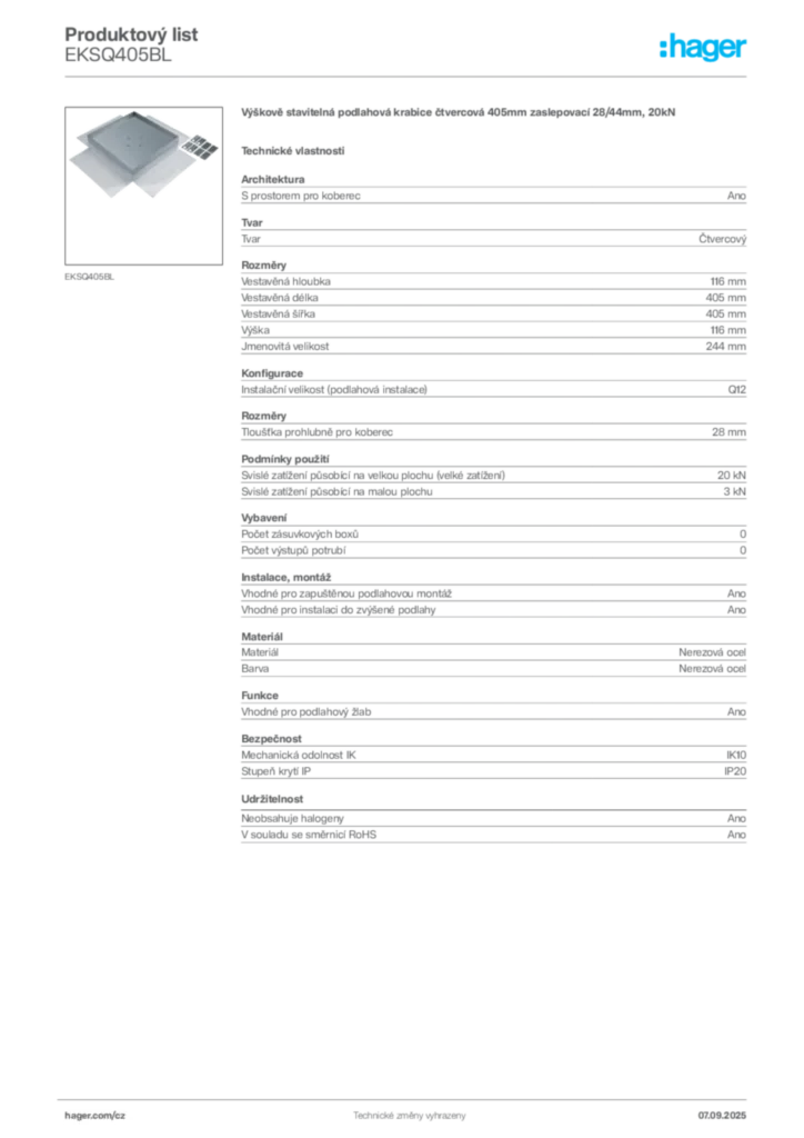 Obrázek Hager Produktový list EKSQ405BL | Hager