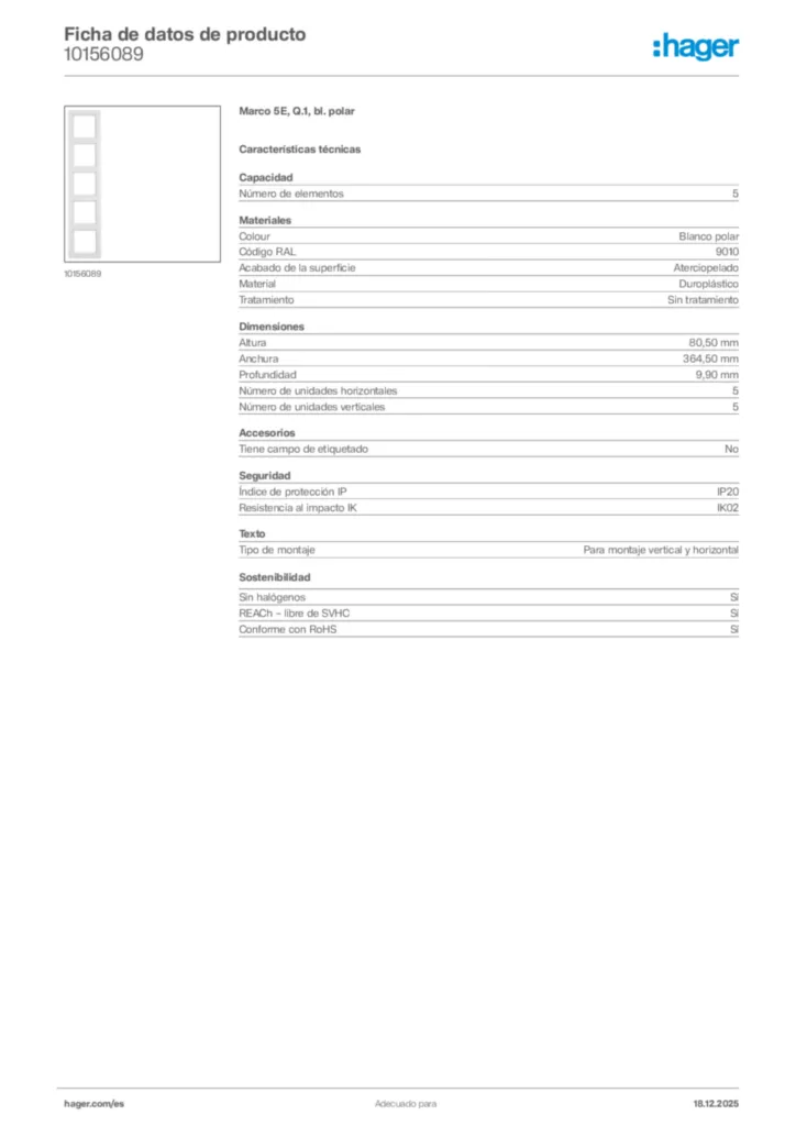 Imagen Hager Ficha de datos de producto 10156089 | Hager España