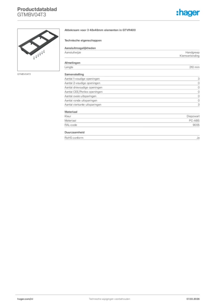 Afbeelding Hager Productdatablad GTMBV04T3 | Hager Nederland