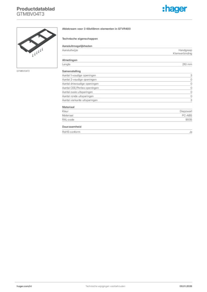 Afbeelding Hager Productdatablad GTMBV04T3 | Hager Nederland
