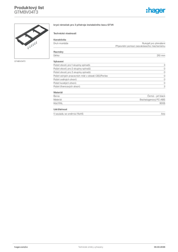 Obrázek Hager Product data sheet GTMBV04T3 | Hager